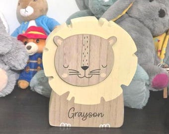 Personalised Boys Money Box / Safari Animal Lion / Laser Engraved Name / Kids Nursery Piggy Bank