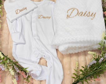 Personalised Sleepsuit and Blanket Gift Set - Embroidered Baby Name - Custom Newborn Gift