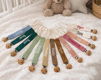 Personalised Dummy Clip - Lightweight Fabric Pacifier Clip - Embroidered Name Baby Gift