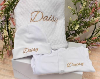 Personalised Baby Gift Set - White Embroidered Sleepsuit, Blanket and Hat with Name - Newborn or 0-3 Months