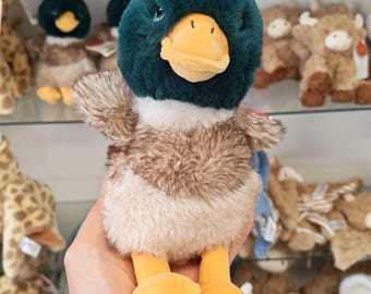 Personalised Plush Soft Toy for Boys and Girls | Mallard Duck Plushie with Engraved Wooden Heart | Newborn Baby Keepsake | Christening Gift