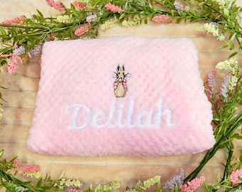Peter Rabbit Personalised Baby Blanket - Embroidered Waffle Newborn Wrap - Flopsy Bunny Custom Name Design