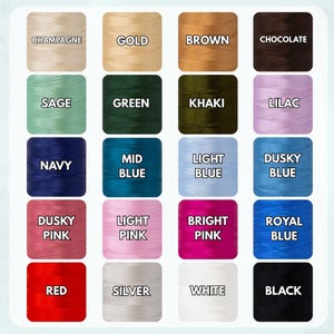 May include: A color chart featuring 16 different thread colors, each in a square with the color name displayed in white text. Colors include champagne, gold, brown, chocolate, sage, green, khaki, lilac, navy, mid blue, light blue, dusky blue, dusky pink, light pink, bright pink, royal blue, red, silver, white, and black.