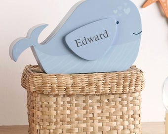 Personalised Whale Money Box for Boys / Laser Engraved Name / Kids Nursery Decor Piggy Bank