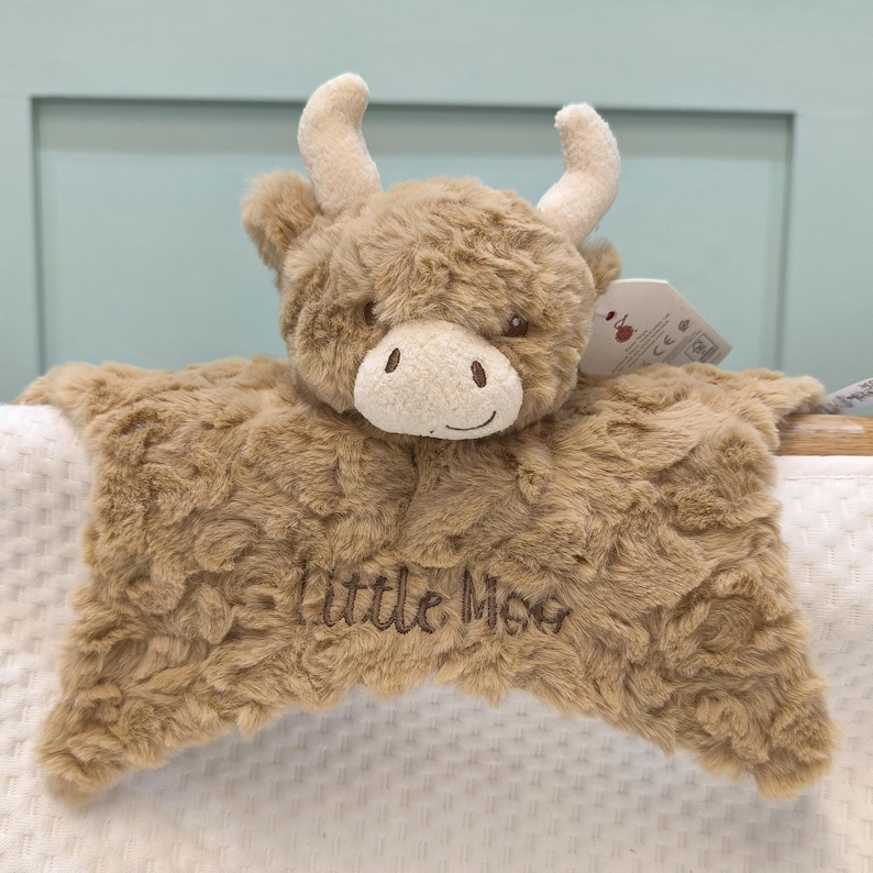 Personalised Highland Cow Comforter / Eco-Friendly Recycled / New Baby Keepsake / Soft Comfort Blanket with Name / Baby Shower Gift Ideas