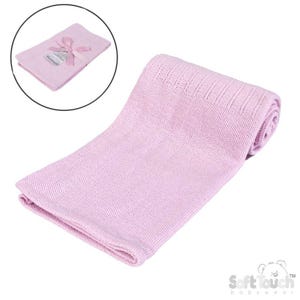 May include: A light pink baby blanket, rolled up and displayed on a white background. The blanket is made of a soft, knitted material. A smaller, folded version of the blanket is shown in a circular inset, tied with a pink ribbon.