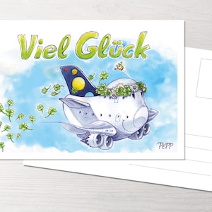 Postkarte Viel Glück, Good Luck, Kleeblatt, POTS, Princess of the Skies, Flugzeug