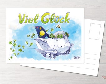 Postkarte Viel Glück, Good Luck, Kleeblatt, POTS, Princess of the Skies, Flugzeug