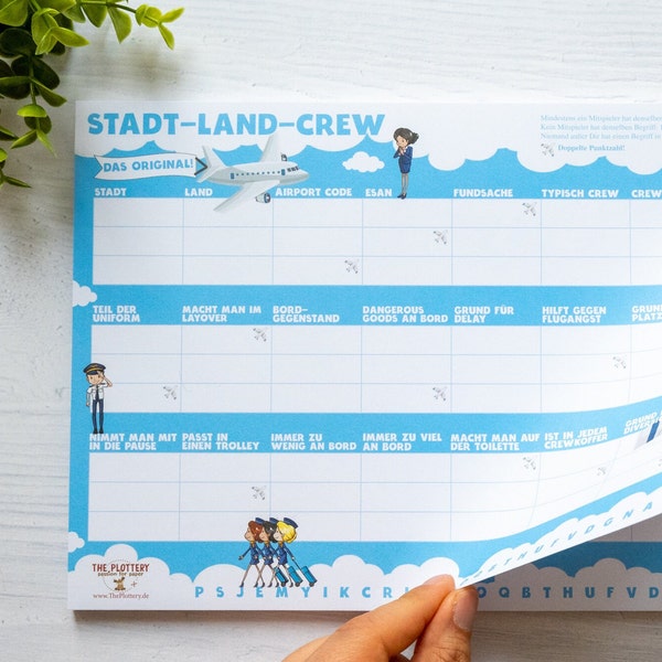 Spiel Stadt Land Crew - Das Original, Spieleblock, 50 Blatt, DIN A4 zum abreißen, Geschenk für Vielflieger, Reisespiel, Gesellschaftsspiel