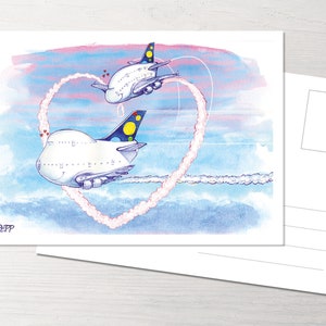 Könnte beinhalten: Zwei weiße Flugzeuge fliegen in einem blauen Himmel mit rosa Wolken. Die Flugzeuge fliegen in Herzform und hinterlassen eine weiße Rauchspur. Der Text "PEPP" befindet sich in der linken unteren Ecke des Bildes.