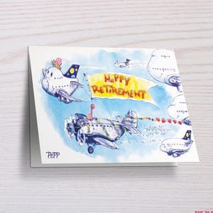 Könnte beinhalten: Eine Aquarellillustration eines blauen Himmels mit weißen Wolken und Flugzeugen. Die Flugzeuge fliegen in einer Reihe und haben ein Banner mit der Aufschrift "Happy Retirement".