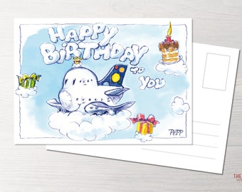 Postkarte Happy Birthday, Geburtstagskarte, Geburtstag, Geburtstagskind, Happy Birthday clouds, POTS, Princess of the Skies, Flugzeug