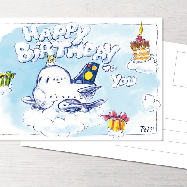 Postkarte Happy Birthday, Geburtstagskarte, Geburtstag, Geburtstagskind, Happy Birthday clouds, POTS, Princess of the Skies, Flugzeug