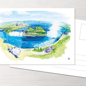 Könnte beinhalten: Ein Aquarellbild der Niagarafälle mit einem kleinen Flugzeug, das über die Fälle fliegt. Das Bild ist auf einer weißen Postkarte mit einem leeren Platz zum Schreiben einer Nachricht.