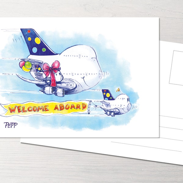 Postkarte Welcome aboard, Herzlich Willkommen, Willkommen an Bord, POTS, Princess of the Skies, Flugzeug