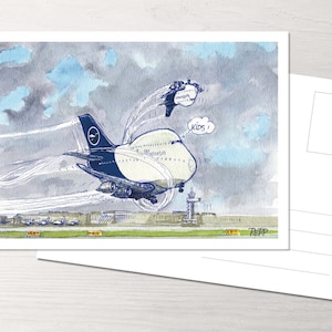 Könnte beinhalten: Aquarellillustration eines Lufthansa-Flugzeugs beim Start, mit dem Wort "Kids!" in einer Sprechblase. Das Kunstwerk befindet sich auf einer Postkarte mit weißem Hintergrund und einer passenden leeren Postkarte.