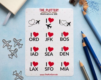 Aviation Sticker Sheet - Amerika, USA, IATA Airport Codes, Avgeek, Flugzeug, Airplane, Aufkleber, Aircrew