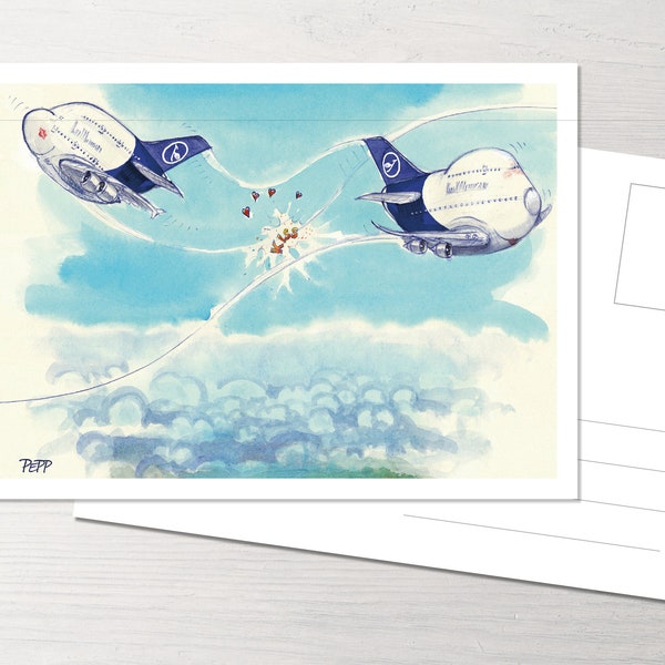 Postkarte First Kiss, Love-Karte mit POTS, Princess of the Skies, Flugzeug, Airbus, Boeing