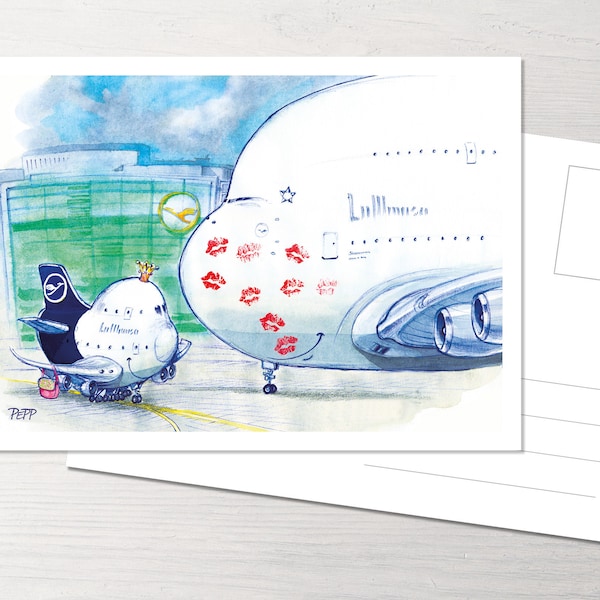 Postkarte Kiss, More Kisses mit POTS, Princess of the Skies, Flugzeug, Airbus, Boeing