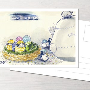 Könnte beinhalten: Eine Aquarellillustration eines Nests mit bunten Eiern und kleinen Vögeln. Die Vögel tragen Hüte und schauen auf ein großes, weißes Flugzeug mit dem Wort "Lille" darauf. Die Szene spielt vor einem hellblauen Himmel mit einer Reihe kleinerer Flugzeuge im Hintergrund.