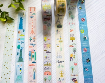 Travel the world Washi Tape, City: Paris, New York, Berlin, Tokio, London, 15mm breit, 10m lang, Gold Veredelung