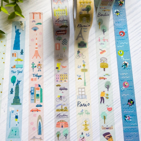 Travel the world Washi Tape, City: Paris, New York, Berlin, Tokio, London, 15mm breit, 10m lang, Gold Veredelung