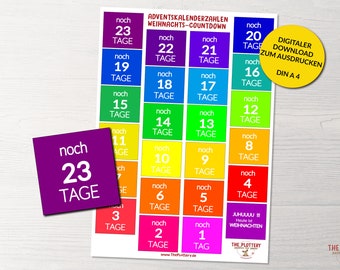 Countdown Adventskalender Zahlen zum ausdrucken, Download Adventskalenderzahlen, Digitale Adventszahlen, sofort verfügbar und ausdruckbar