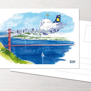 Könnte beinhalten: Eine Aquarellillustration eines weißen Flugzeugs, das über die Golden Gate Bridge in San Francisco fliegt. Das Flugzeug ist karikaturhaft und hat ein blaues und gelbes Design. Die Brücke ist rot und das Wasser ist blau.