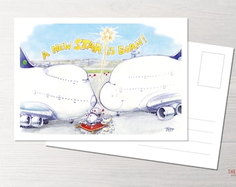 Postkarte Geburt, "A Star is born" Karte, POTS, Princess of the Skies, Flugzeug