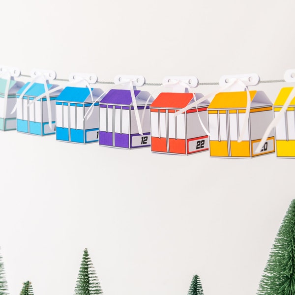 Adventskalender Seilbahn, farbige Gondeln, Adventskalender Kinder, zum selber basteln aus Papier