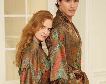 Set of 2 Matching Kimono Robes for Couple, Long Silky Satin Dressing Gowns, Luxury Anniversary Wedding Honeymoon Gift