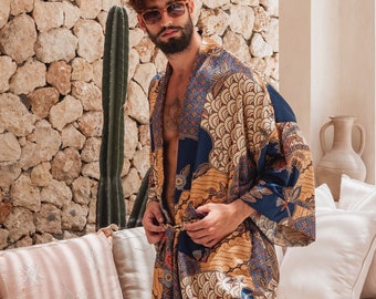 Men's Bali Silk Kimono Robe with Pockets, Long Satin Robe, Anniversary Gift for Him, Comfy Lounge Robe with Pockets, Oversized Maxi Bathrobe