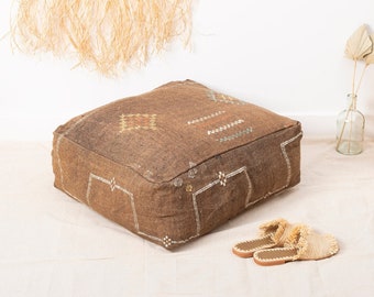 Brown Cactus Silk Pouf - Moroccan Pouf - Floor Pillow -    -  Boho Kilim Pouf - Moroccan Floor Cushion No.119