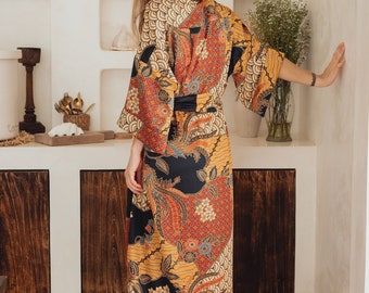 Women's Kimono Robe, Long Satin Batik Floral Dressing Gown, Plus Size