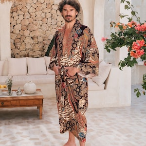 Silk Kimono Robe for Men, Silk Dressing Gown, Long Satin Robe with Pockets, Honeymoon Lounge Wear, Luxury Gift for Husband Father Boyfriend