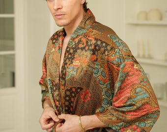 Black Turquoise Satin Kimono Robe for Men, Long Dressing Gown Batik Print with Pockets