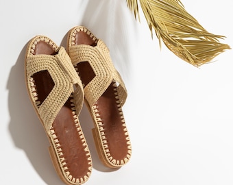 Moroccan Raffia Sandals, Woven Open Toe Slides, Summer Straw Slippers, Boho Flat Beach Shoes, Hippie Artisan Flats