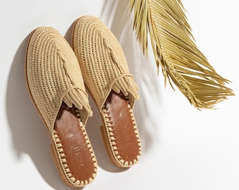 Handmade Raffia Slide Sandals, Moroccan Woven Straw Shoes, Artisan Flats