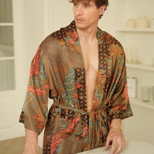 Classic Men&#39;s Silk Blend Kimono Robe, Long Satin Dressing Gown, Luxury Gift for Father Man Husband Boyfriend,  Bali Kimono Robe with Pockets