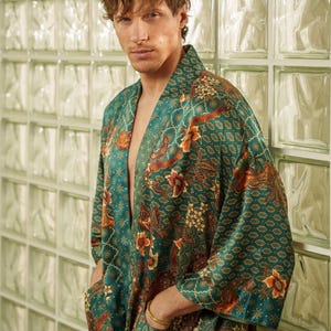 Emerald green mens satin kimono robe with gold batik pattern and pockets