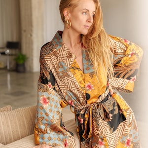 Bali Silk Blend Kimono Robe, Long Satin Robe with Pocket, Floor Length Dressing Gown, Boho Robe, Luxury Gift for Wife Girlfriend Friend