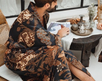 Bali Silk Kimono Robe for Men, Long Black Batik Print Satin Robe, Luxury Anniversary Gift for Him, Balinese Comfy Lounge Robe with Pockets