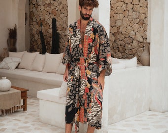 Men's Bali Silk Kimono Robe, Long Satin Robe, Comfy Lounge Robe with Pockets, Oversized Maxi Bathrobe, Luxury Dressing Gown, Silky Bathrobe