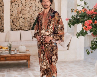 Bali Silk Kimono Robe for Men, Luxury Dressing Gown, Long Satin Robe with Pockets, Satin Kimono Bathrobe, Gift for Husband Father Boyfriend
