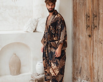 Szlafrok męski z kieszeniami, jedwabny satynowy szlafrok kimono, długi czarno-złoty szlafrok, prezent na rocznicę dla męża, chłopaka i ojca