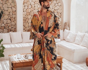 Satin Kimono Robe for Men, Long Silky Dressing Gown, Batik Print with Pockets