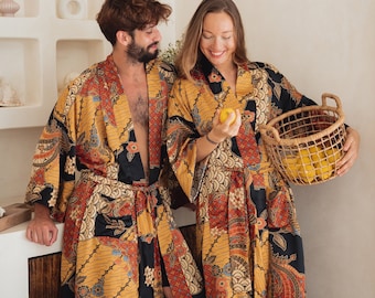 Set of 2 Kimono Robes for Couples, Matching Satin Dressing Gowns, His and Hers Bathrobes, Anniversary Honeymoon Gift