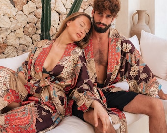 Kimono Robe with Pockets for Couple, Long Satin Dressing Gowns, Luxury Anniversary Gift, Bali Silk BlendUnisex Matching Robes with Pockets