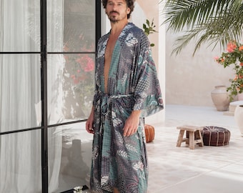 Luxury Silk Blend Kimono Robe Handmade in Bali, Long Satin Robe with Pockets, Silk Loungewear for Men, Silk Pyjama Robe for Men, Bathrobe