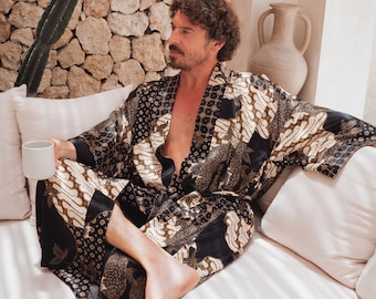 Męski czarny satynowy szlafrok kimono, luksusowy prezent dla niego, długi szlafrok dla męża, prezent na rocznicę lub dzień ojca